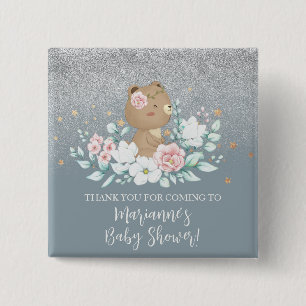  Bear Baby Shower Floral Glitter Muted Blue    15 Cm Square Badge