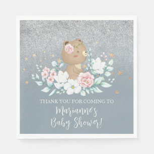  Bear Baby Shower Floral Glitter Muted Blue  Napkin