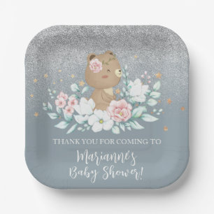 Bear Baby Shower Floral Glitter Muted Blue   Paper Plate