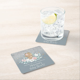 Bear Baby Shower Floral Glitter Muted Blue Square Paper Coaster