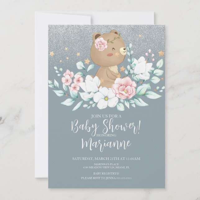  Bear Baby Shower Floral Glitter Muted Pink Blue Invitation (Front)