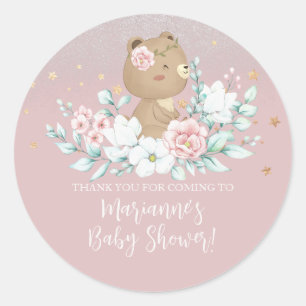  Bear Baby Shower Floral Glitter Muted Pink   Classic Round Sticker