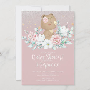 Bear Baby Shower Floral Glitter Muted Pink  Invitation