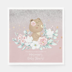 Bear Baby Shower Floral Glitter Muted Pink Napkin