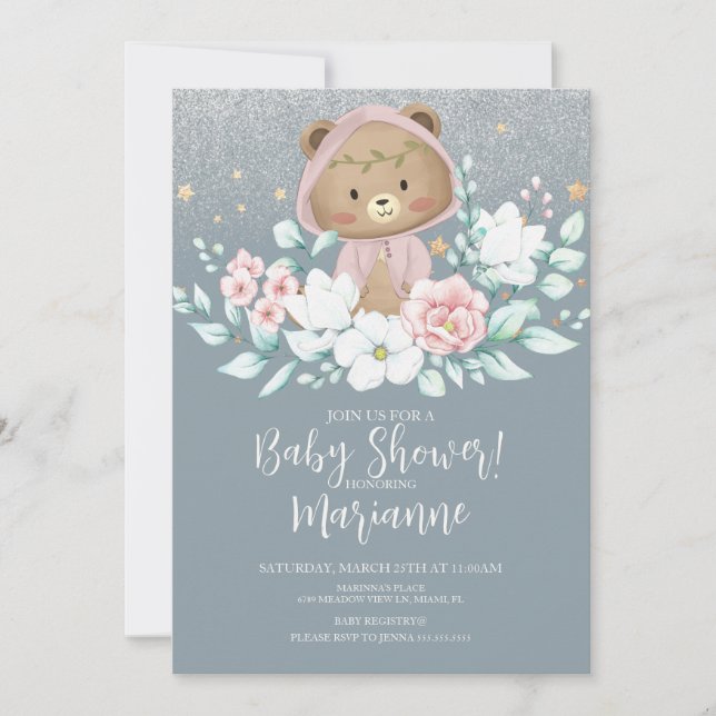  Bear Baby Shower Floral Glitter Pink Invitation (Front)