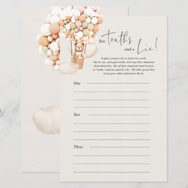 Bear Baby Shower Game - 2 Thruths And A Lie (Front/Back)