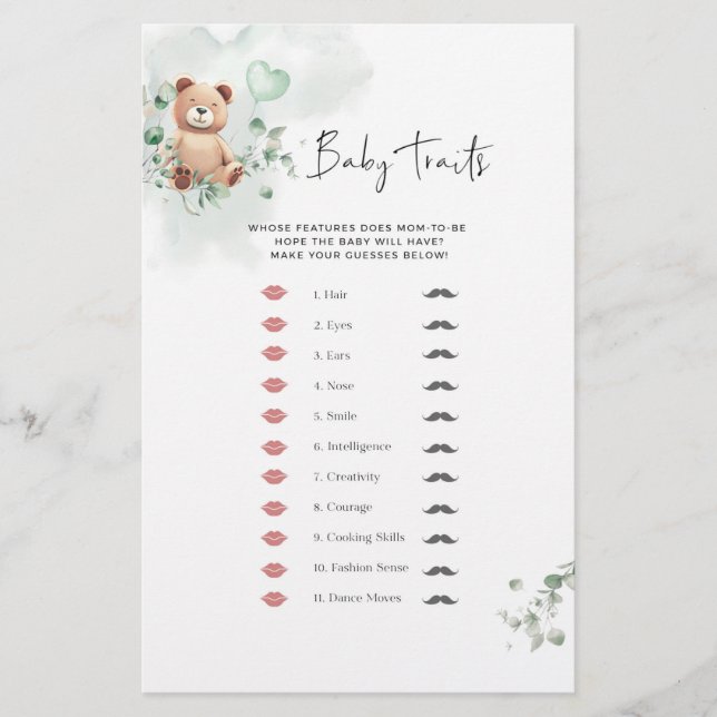 Bear Baby Shower Game - Baby Traits (Front)