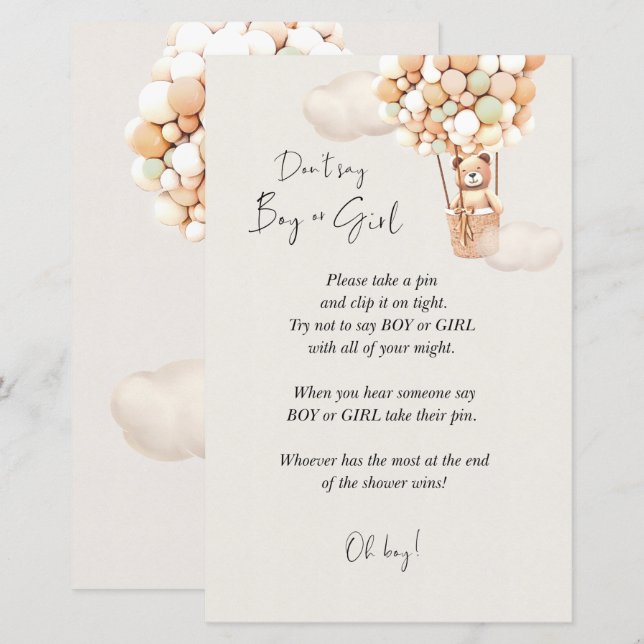 Bear Baby Shower Game - Don't Say Boy Or Girl (Front/Back)