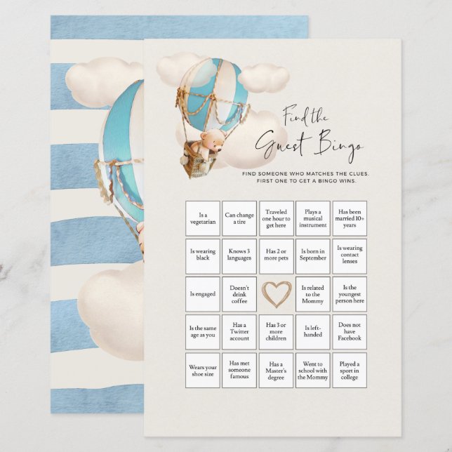 Bear Baby Shower Game - Find The Guest Bingo (Front/Back)