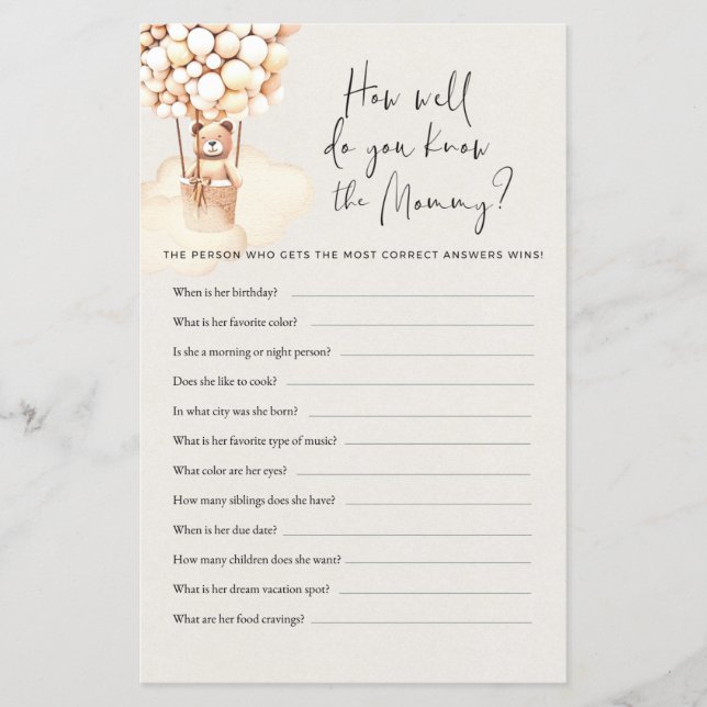 Bear Baby Shower Game How Well Do You Know (Front)