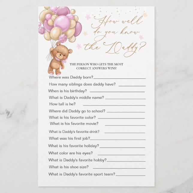 Bear Baby Shower Game How Well Do You Know Daddy (Front)