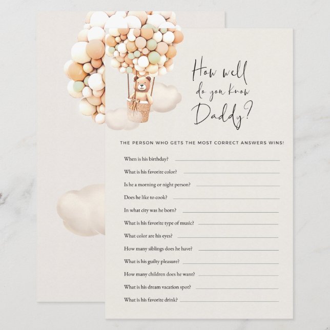 Bear Baby Shower Game - How Well Do You Know Daddy (Front/Back)