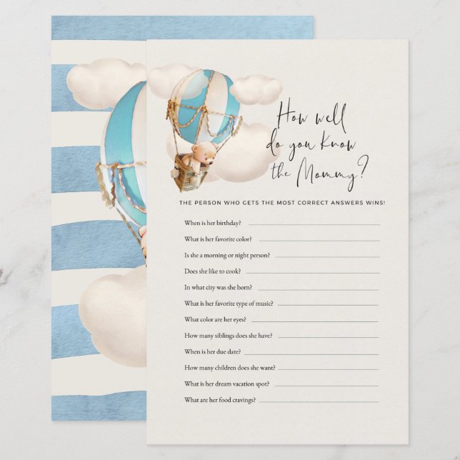 Bear Baby Shower Game - How Well Do You Know Mum? (Front/Back)