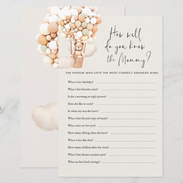 Bear Baby Shower Game - How Well Do You Know Mummy (Front/Back)