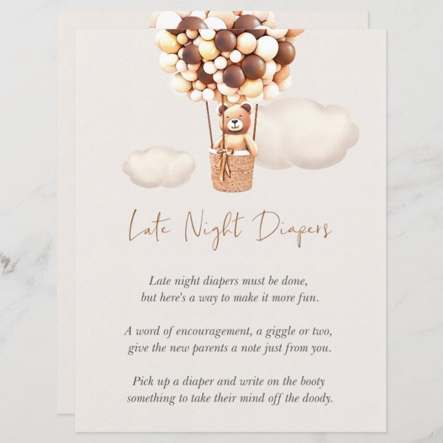 Bear Baby Shower Game - Late Night Diapers (Front/Back)