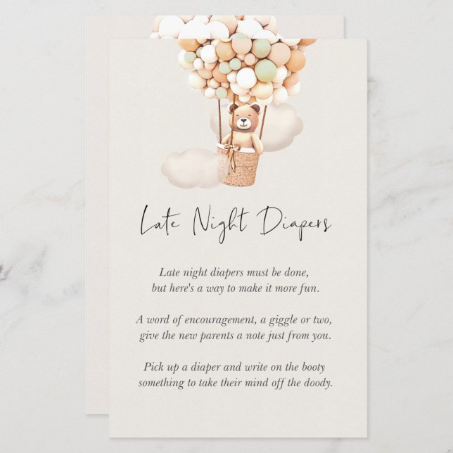 Bear Baby Shower Game - Late Night Diapers (Front/Back)