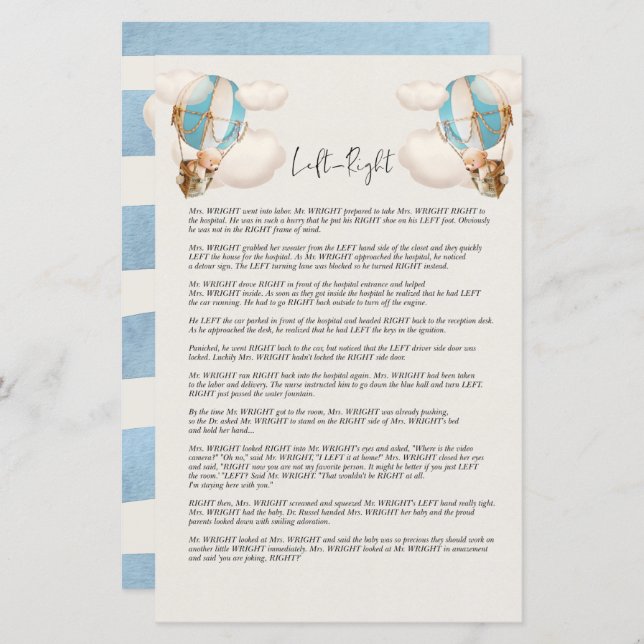 Bear Baby Shower Game - Left & Right (Front/Back)