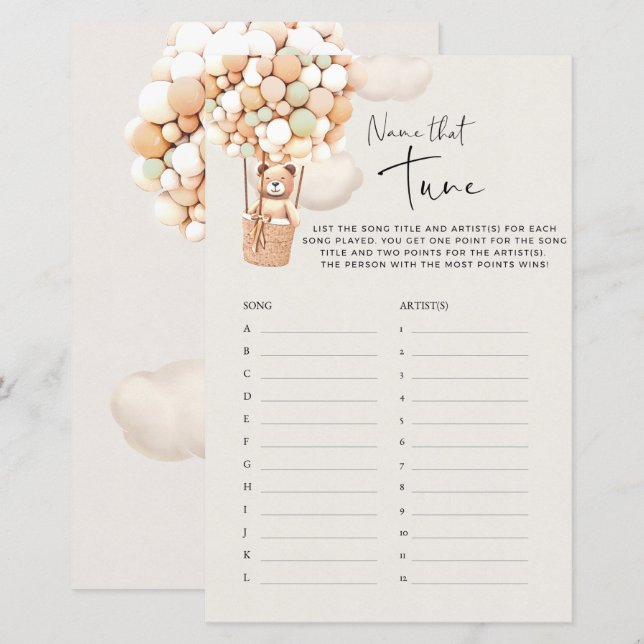 Bear Baby Shower Game - Name That Tune! (Front/Back)