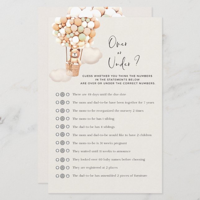 Bear Baby Shower Game - Over or Under (Front/Back)