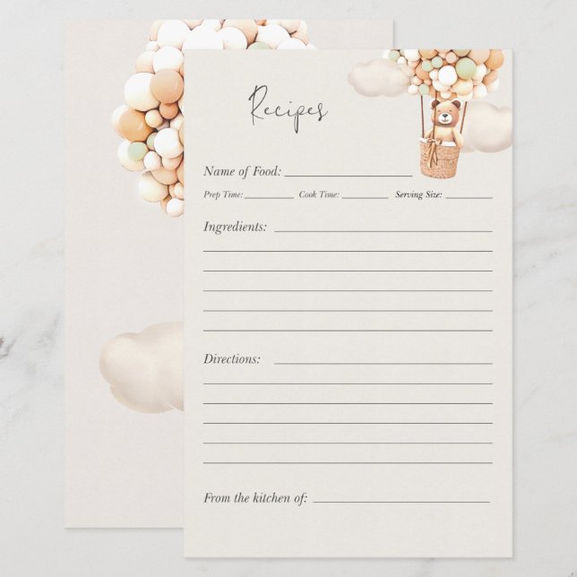 Bear Baby Shower Game - Recipes (Front/Back)