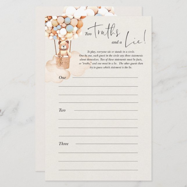 Bear Baby Shower Game - Two Truths And A Lie! (Front/Back)