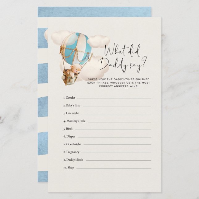 Bear Baby Shower Game - What did Dad Say (Front/Back)