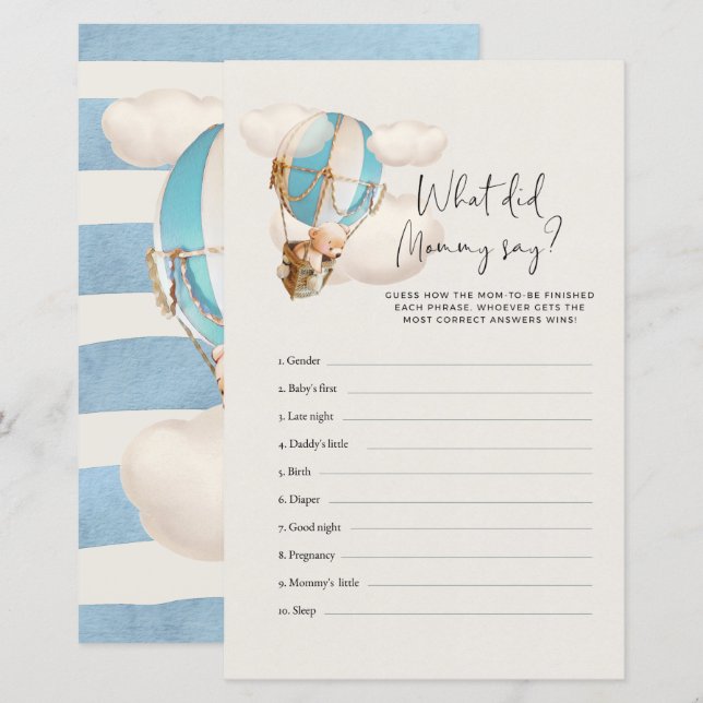 Bear Baby Shower Game - What did Mummy say? (Front/Back)