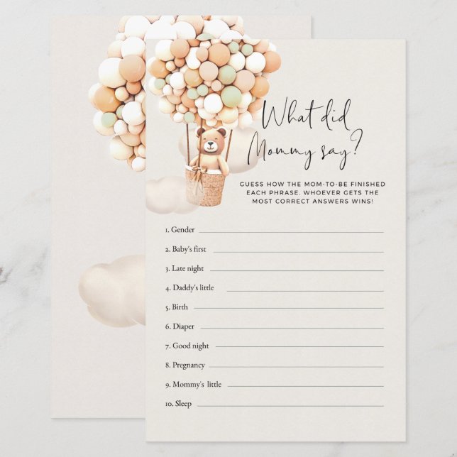 Bear Baby Shower Game - What Did Mummy Say? (Front/Back)