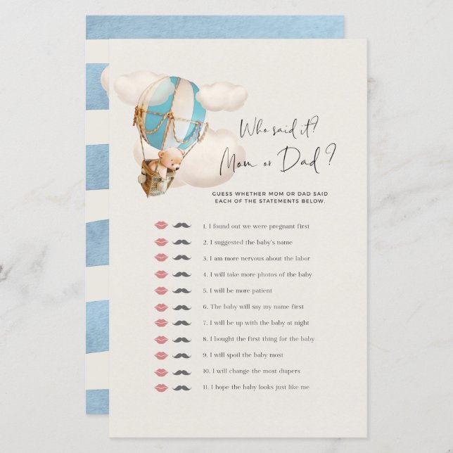 Bear Baby Shower Game - Who Said it? Mum Or Dad? (Front/Back)