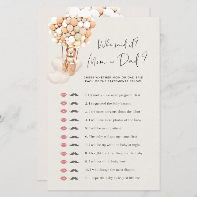Bear Baby Shower Game - Who Said It - Mum or Dad? (Front/Back)