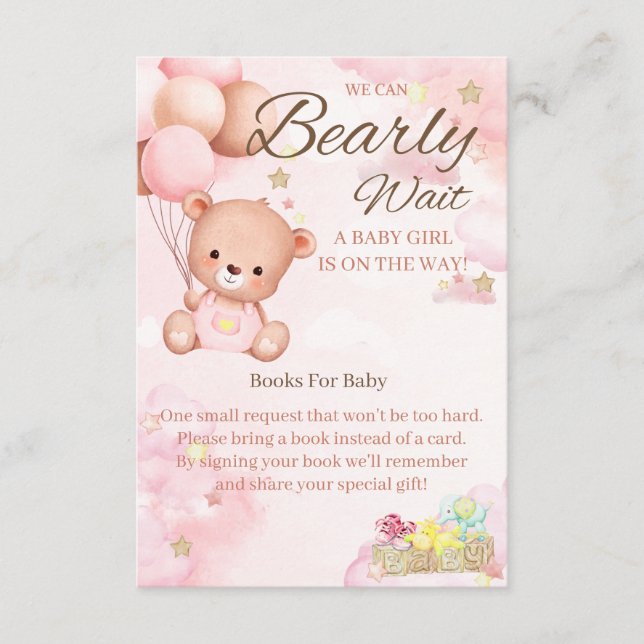 Bear Baby Shower Girl Books For Baby Enclosure Card (Front)