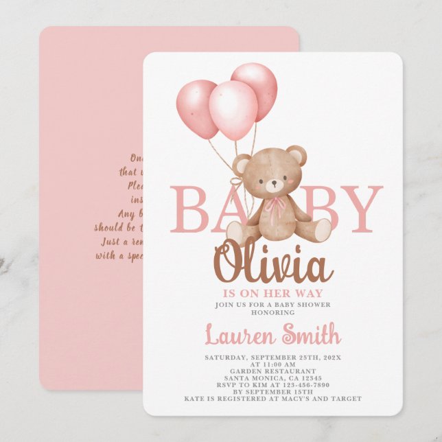 Bear Baby Shower Girl Invitation (Front/Back)