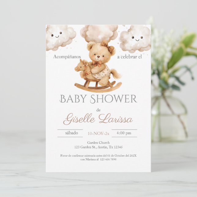Bear Baby Shower Girl Spanish Invitation (Standing Front)