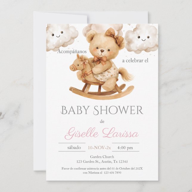 Bear Baby Shower Girl Spanish Invitation (Front)