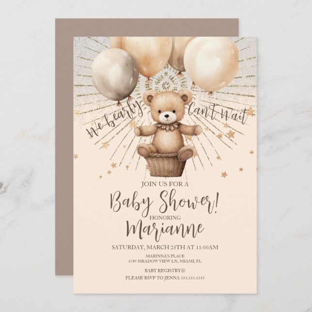  Bear Baby Shower Glitter Bohemian Rustic Invitation (Front/Back)