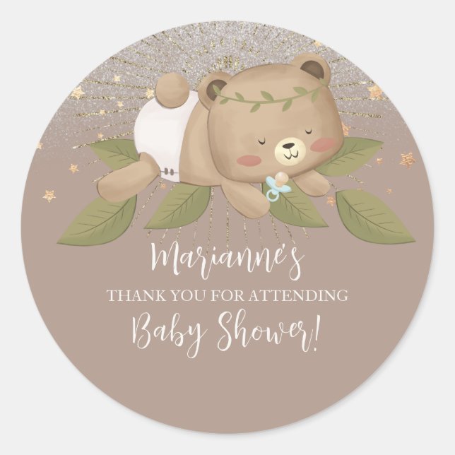  Bear Baby Shower Glitter Bohemian Stars Gold  Classic Round Sticker (Front)
