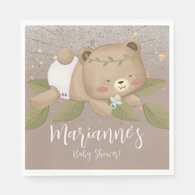  Bear Baby Shower Glitter Bohemian Stars Gold   Napkin (Front)