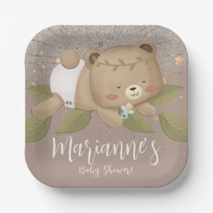 Bear Baby Shower Glitter Bohemian Stars Gold Paper Plate