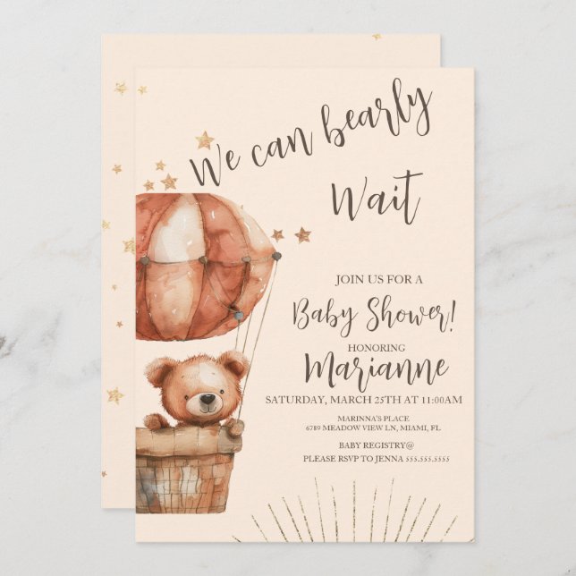  Bear Baby Shower Glitter Stars Rustic Invitation (Front/Back)