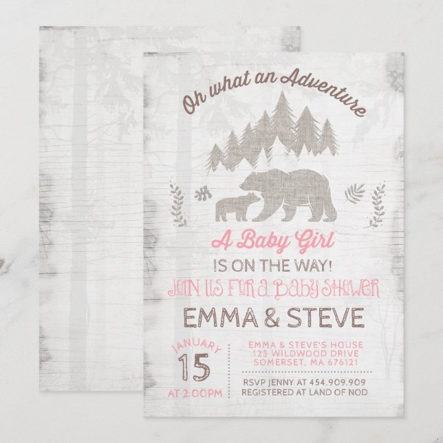 Bear Baby Shower Invitation Girl Adventure Shower (Front/Back)