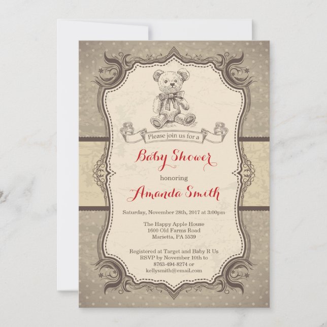 Bear Baby Shower Invitation Vintage Retro (Front)
