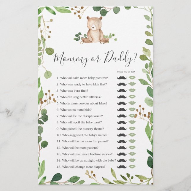 Bear Baby Shower Mummy or Daddy Game (Front)