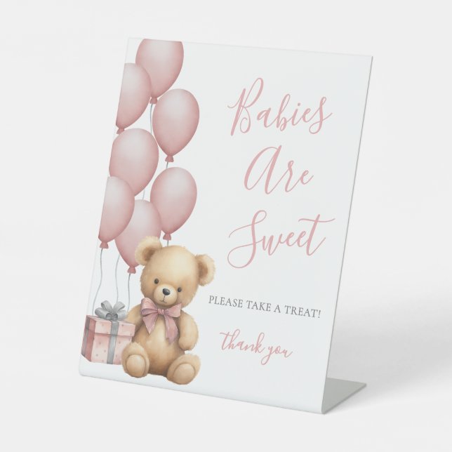 Bear Baby Shower Pink Sweets Pedestal Sign (Front)