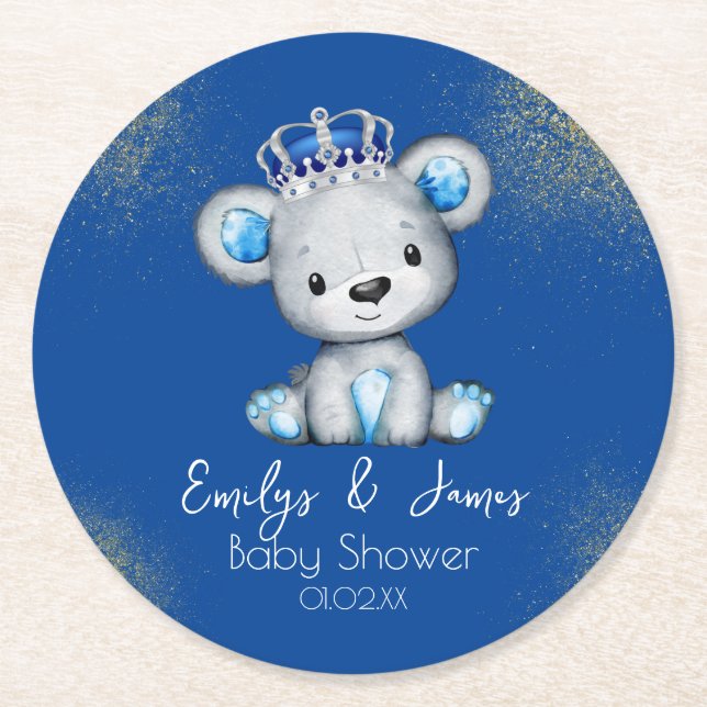 Bear Baby Shower Prince Sparkly Blue Boys Round Paper Coaster (Front)