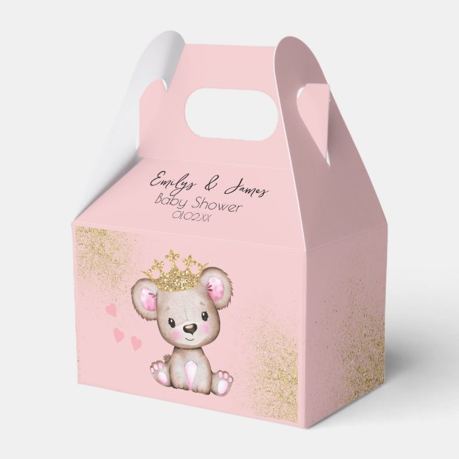 Bear Baby Shower Princess Sparkly Pink Gold Favour Box (Front Side)