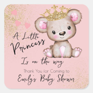 Bear Baby Shower Princess Sparkly Pink Square Sticker