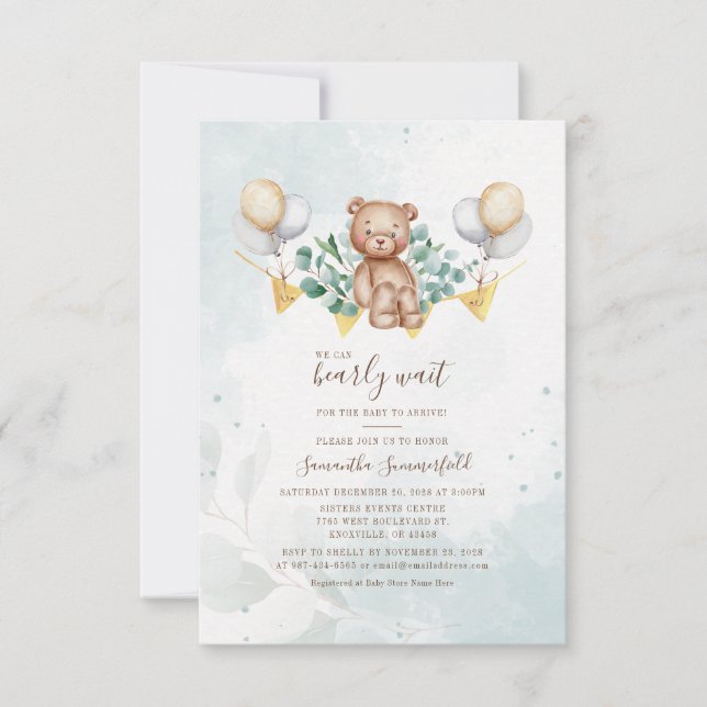 Bear Baby Shower Script Eucalyptus Greenery Invitation (Front)