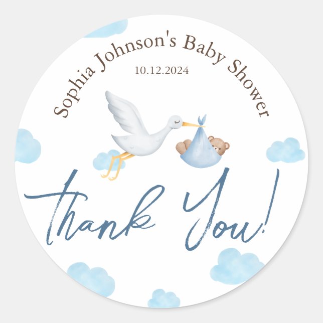 Bear Baby Shower, Stork Delivery, Baby Boy Classic Round Sticker (Front)