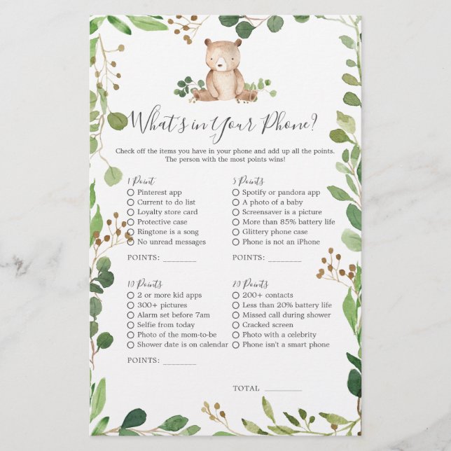 Bear Baby Shower What's in Your Phone (Front)