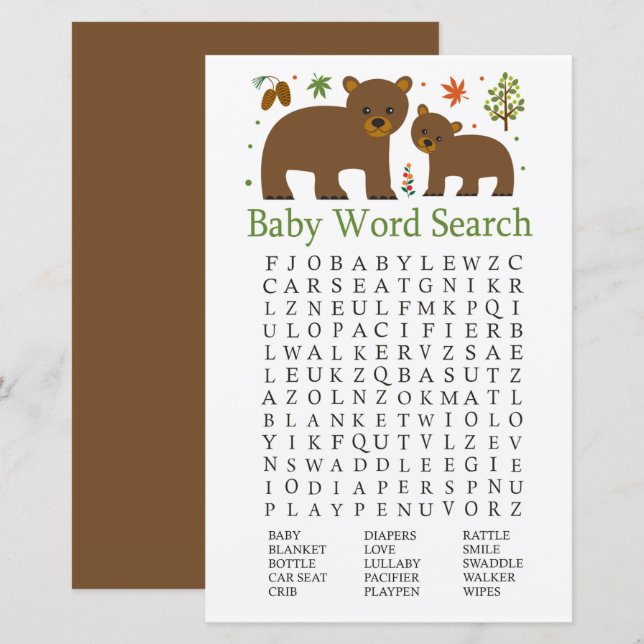 Bear Baby Shower Word Search Game (Front/Back)